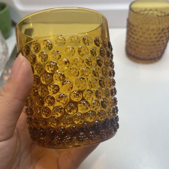 A Pair Hobbs Brockunier? Dew Drop Tumblers France Glass Hobnail 3.25”H Amber - Picture 2 of 12